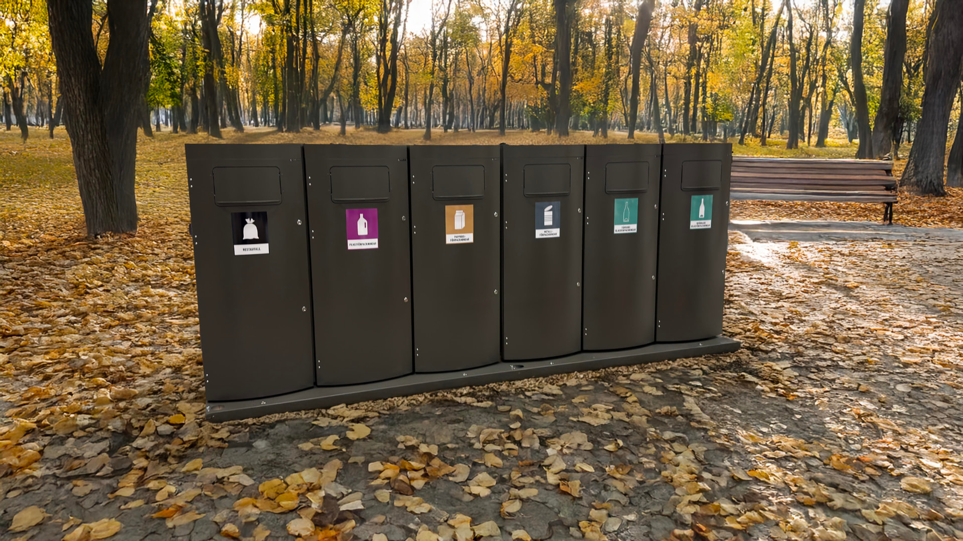 Sortify Mango XL källsorteringsstation med sex fraktioner i en höstpark